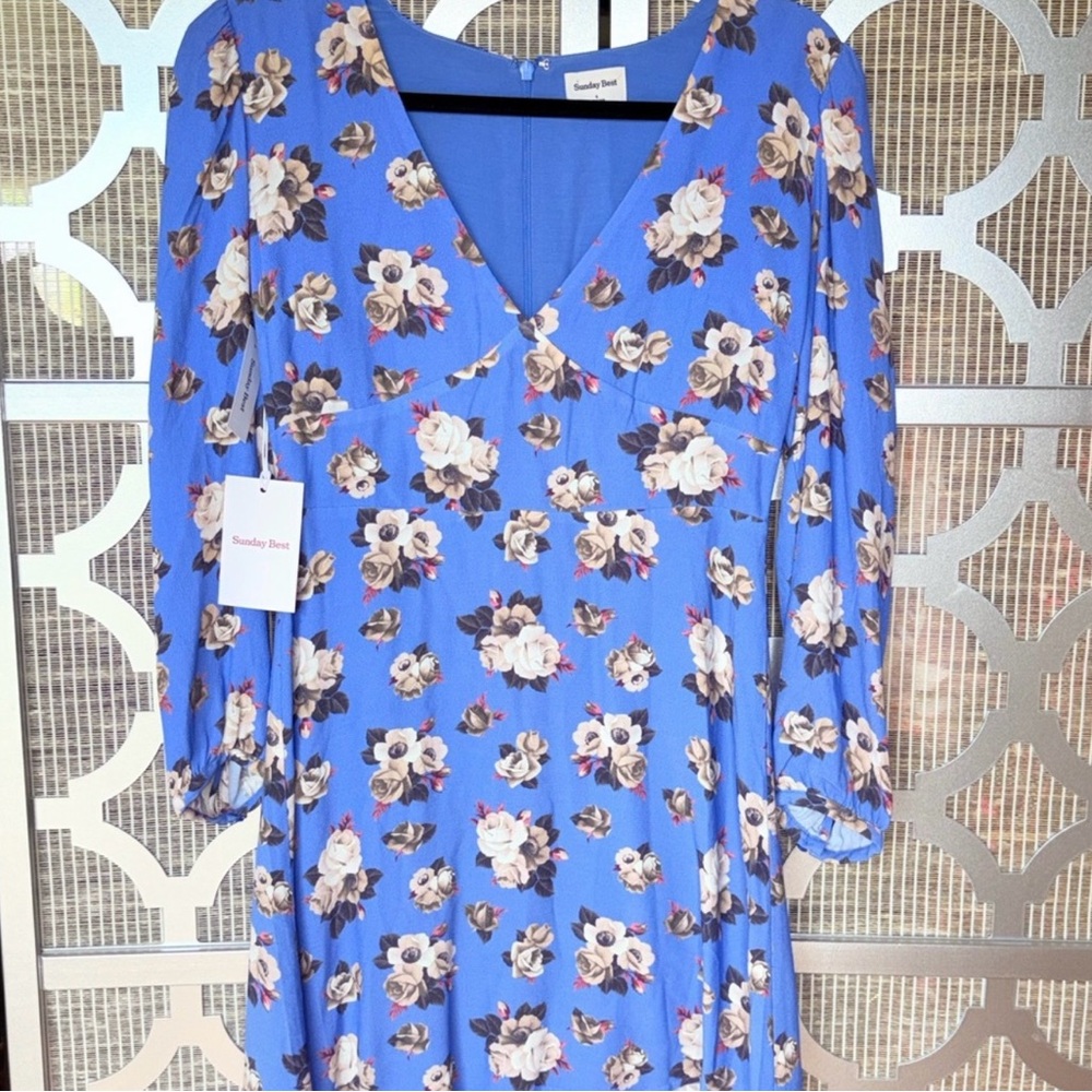 NWT Sunday Best Blue V-Neck Sundress with Bishop Sleeves - Picture 1 of 7